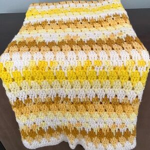 Handmade Afghan Crochet Baby Lap Blanket Throw Neutral Yellow White Tan